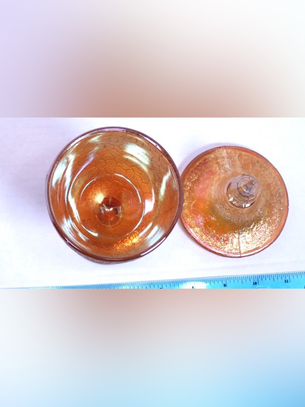 Vintage Marigold Crackle Carnival Glass Covered Candy Dish - Picture 5 of 7